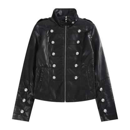 Military Button Cropped Faux Leather Jacket