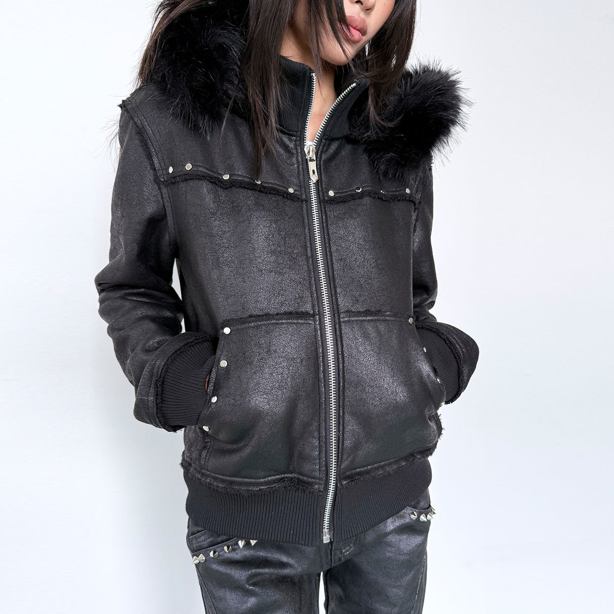 Cracked Faux Leather Fur Trim Hooded Jacket