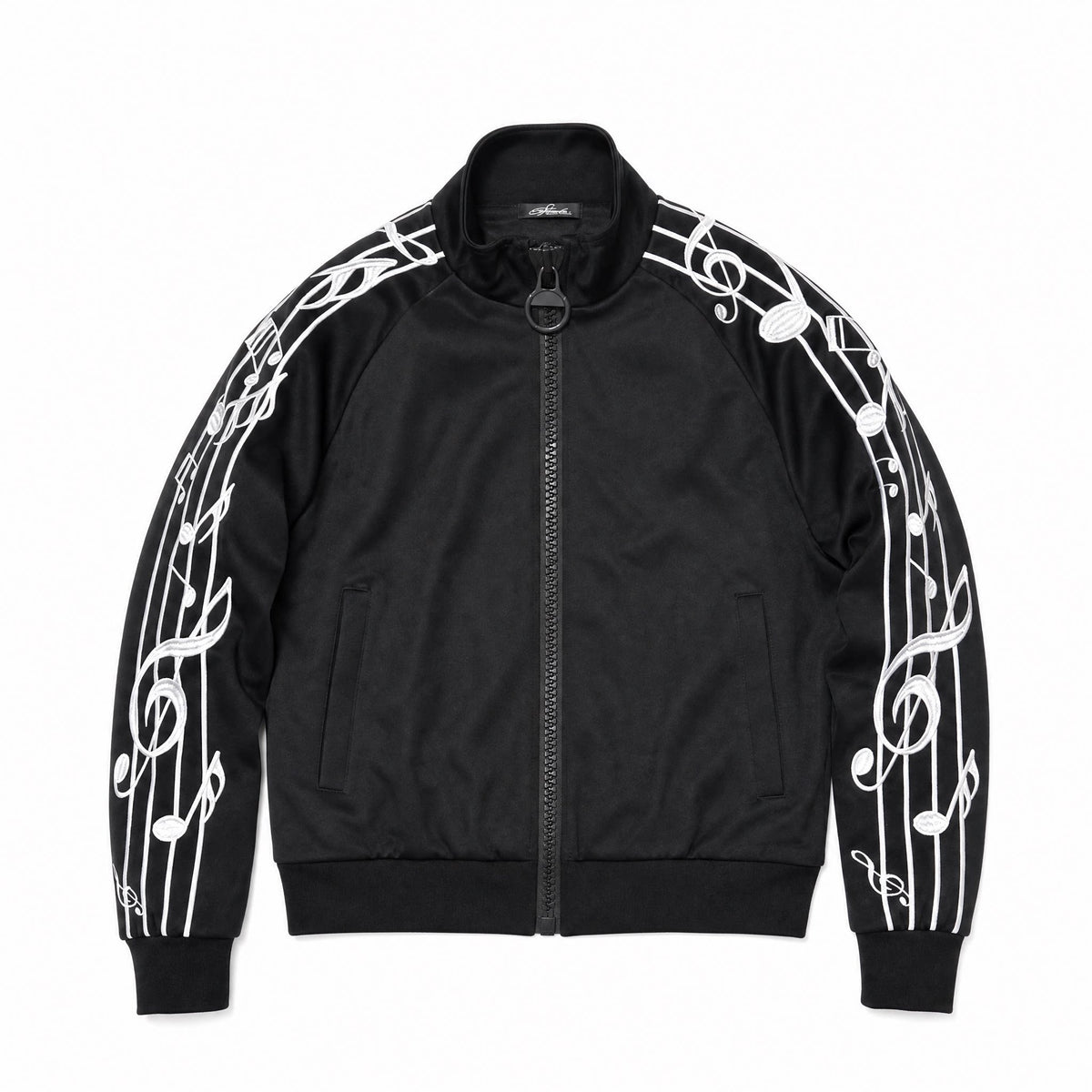 Musical Note Embroidered Stand Collar Zip Jacket