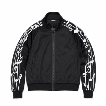 Musical Note Embroidered Stand Collar Zip Jacket