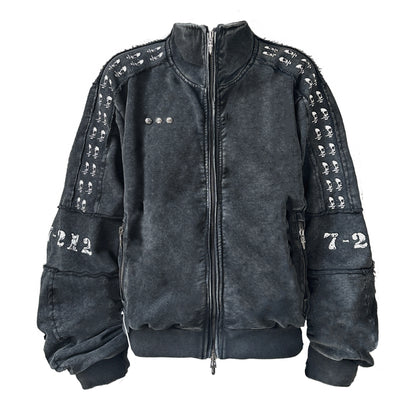 Washed Graphic Patch Stand Collar Zip Jacket