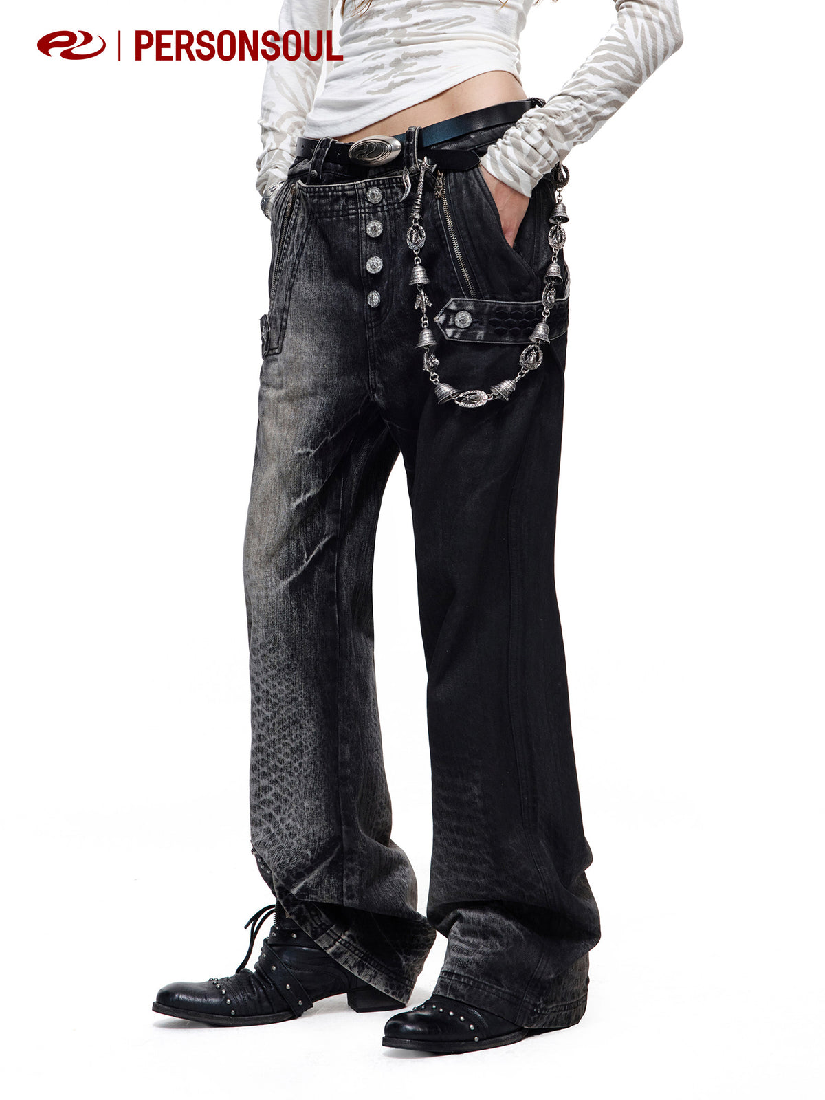 Crocodile Embroidered Crossover Waist Waxed Jeans