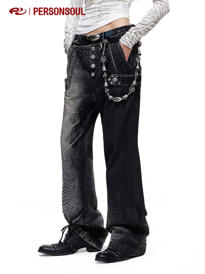 Crocodile Embroidered Crossover Waist Waxed Jeans