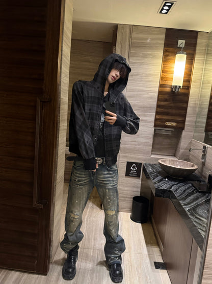 Dark Plaid Raglan Zip Up Hoodie