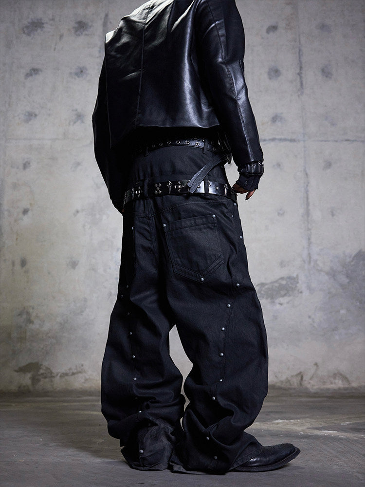 Double Drawstring Studded Wide Leg Jeans