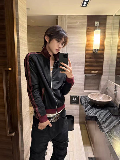 Black Red Embroidered Slim Fit Zip Jacket