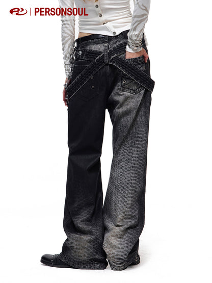 Crocodile Embroidered Crossover Waist Waxed Jeans