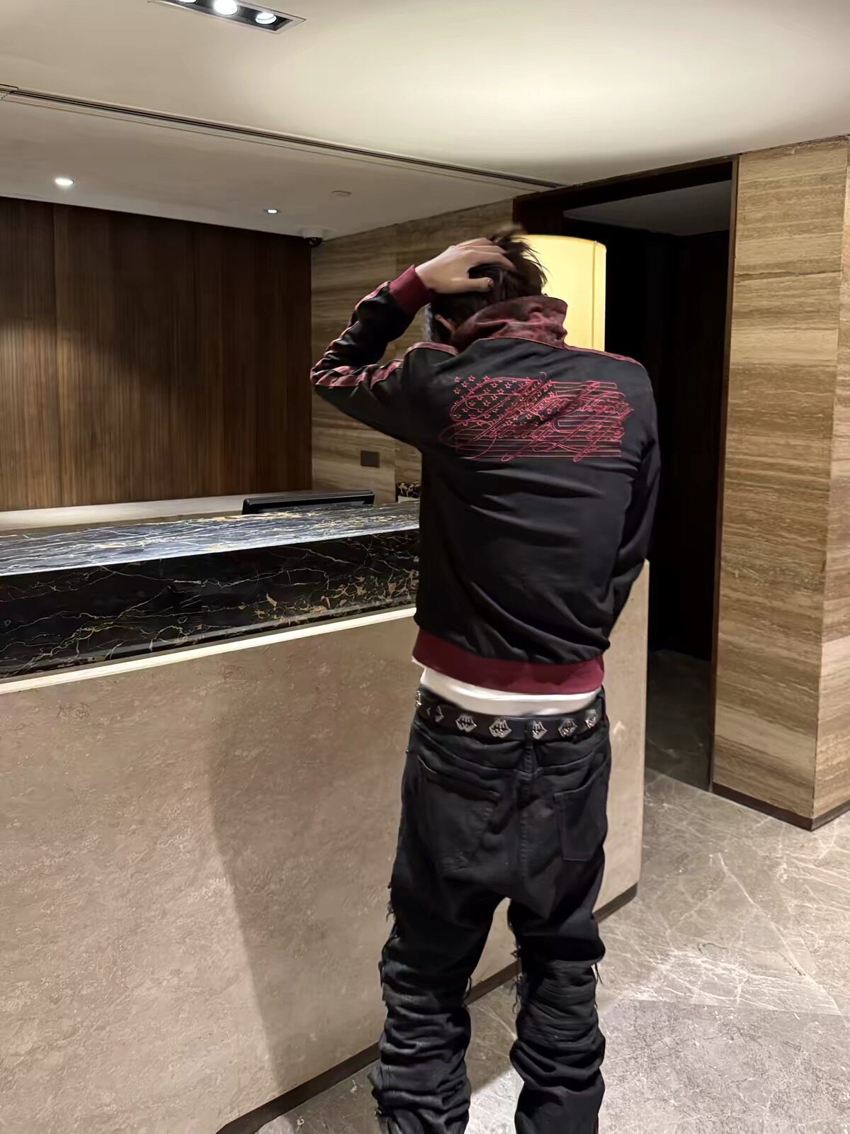 Black Red Embroidered Slim Fit Zip Jacket