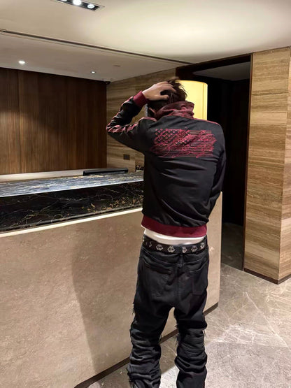 Black Red Embroidered Slim Fit Zip Jacket