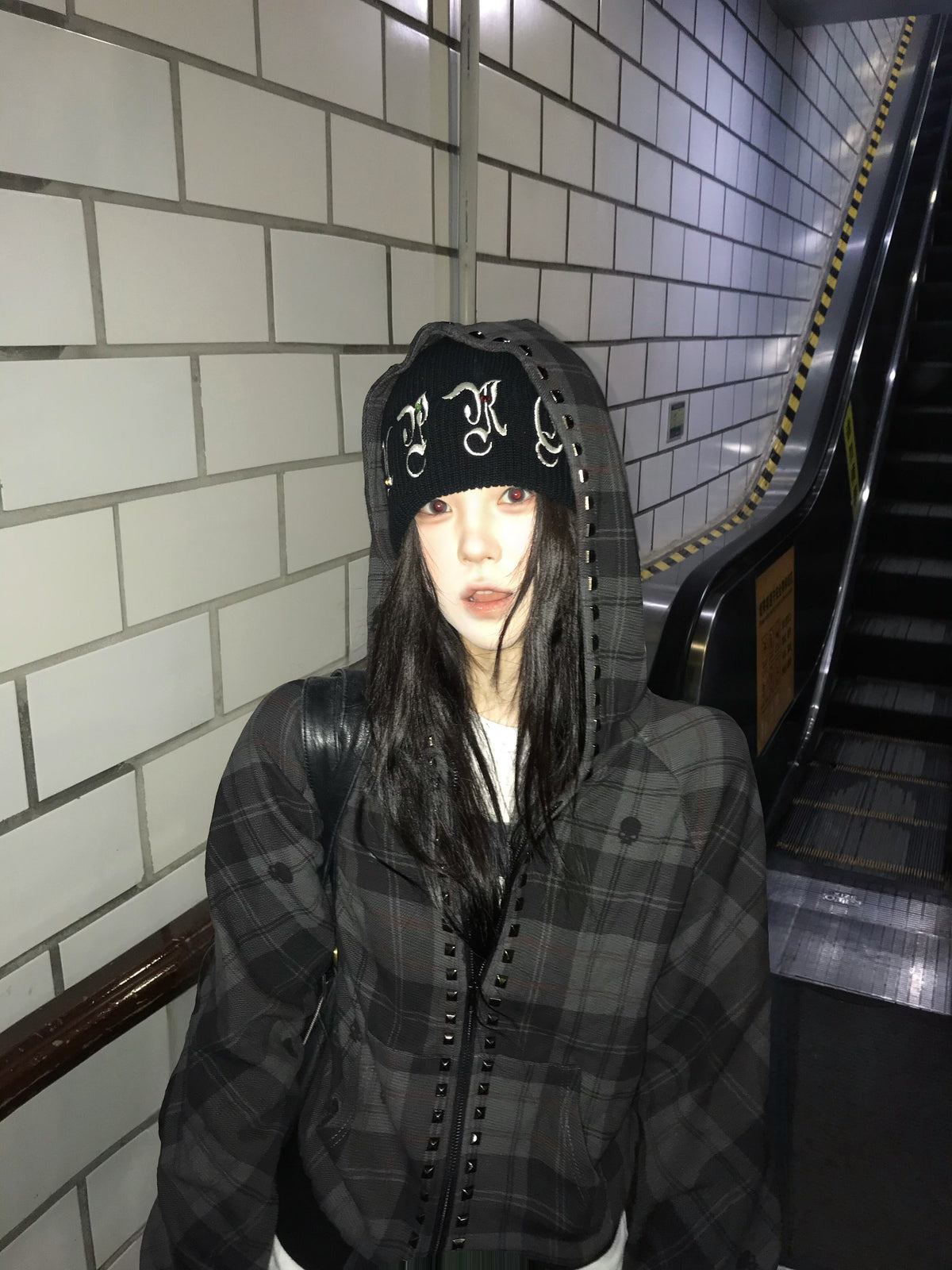 Dark Plaid Raglan Zip Up Hoodie