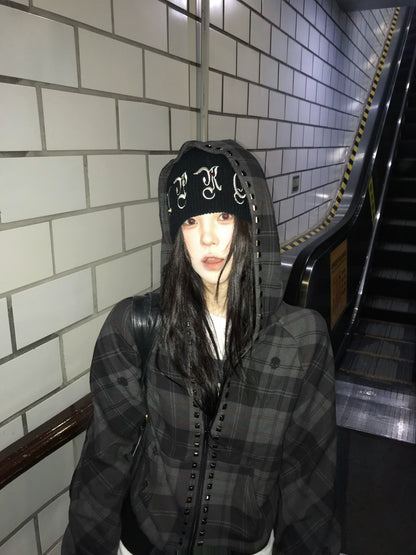 Dark Plaid Raglan Zip Up Hoodie