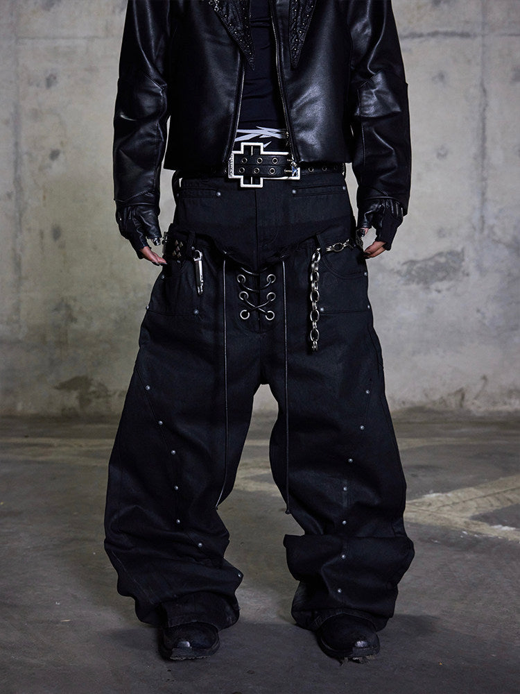 Double Drawstring Studded Wide Leg Jeans