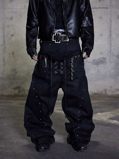 Double Drawstring Studded Wide Leg Jeans