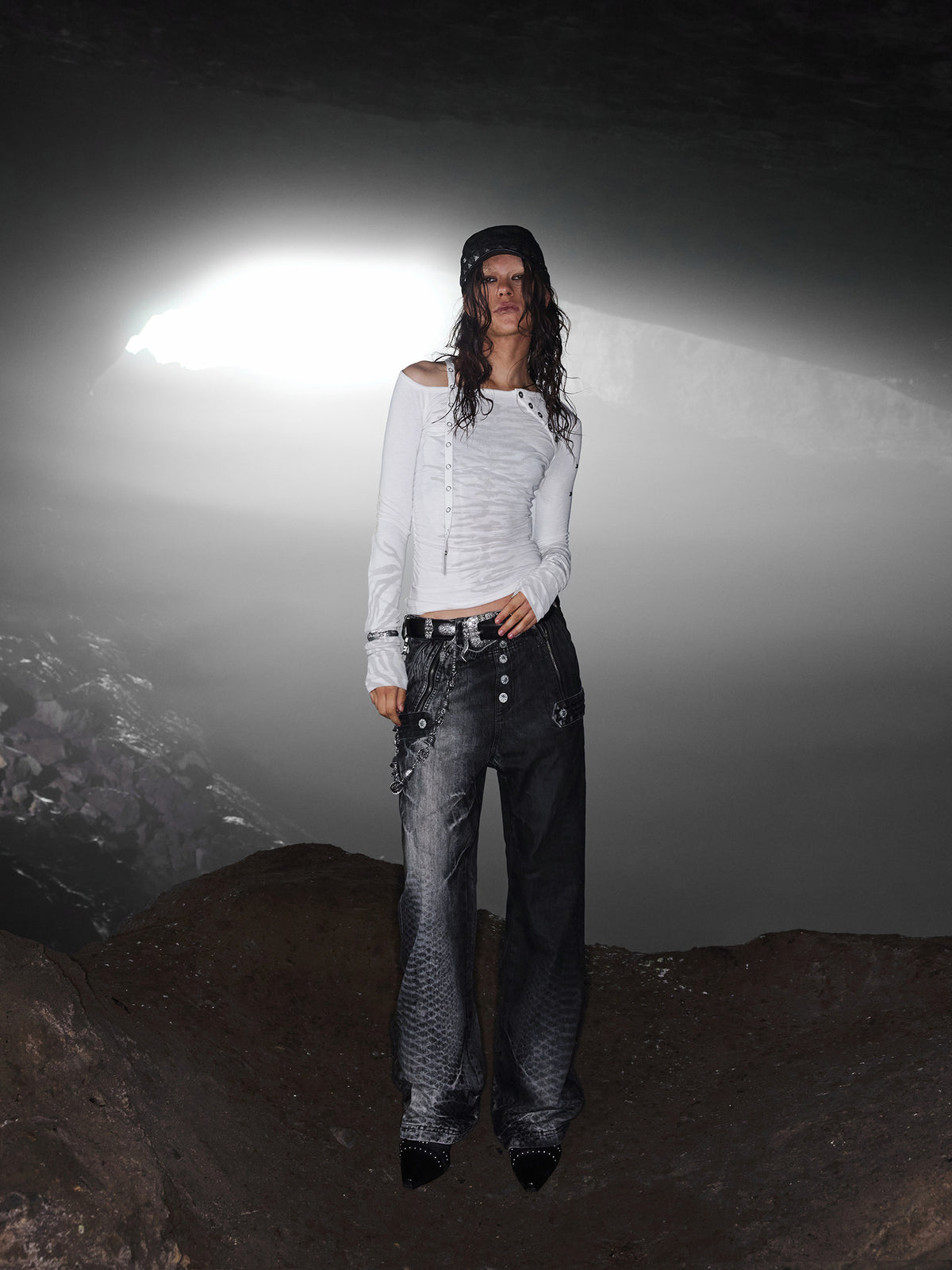 Crocodile Embroidered Crossover Waist Waxed Jeans