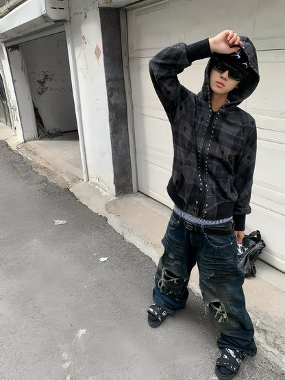 Dark Plaid Raglan Zip Up Hoodie