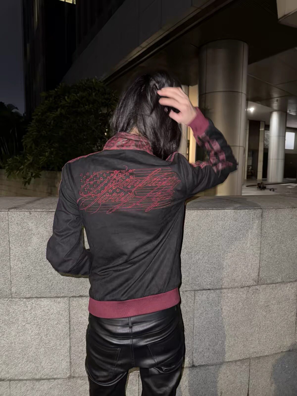 Black Red Embroidered Slim Fit Zip Jacket