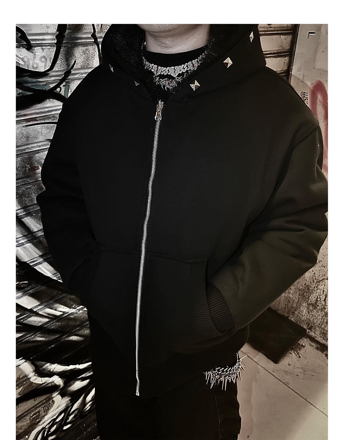 Cross Applique Studded Hood Reversible Faux Fur Jacket