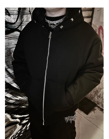Cross Applique Studded Hood Reversible Faux Fur Jacket
