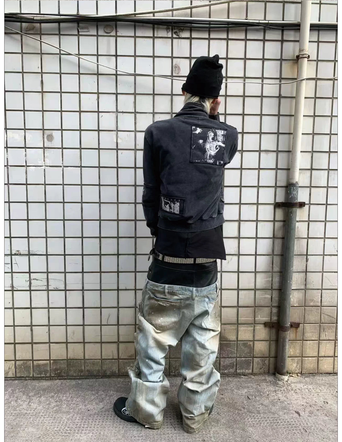 Double-Waist PU Panel Distressed Jeans