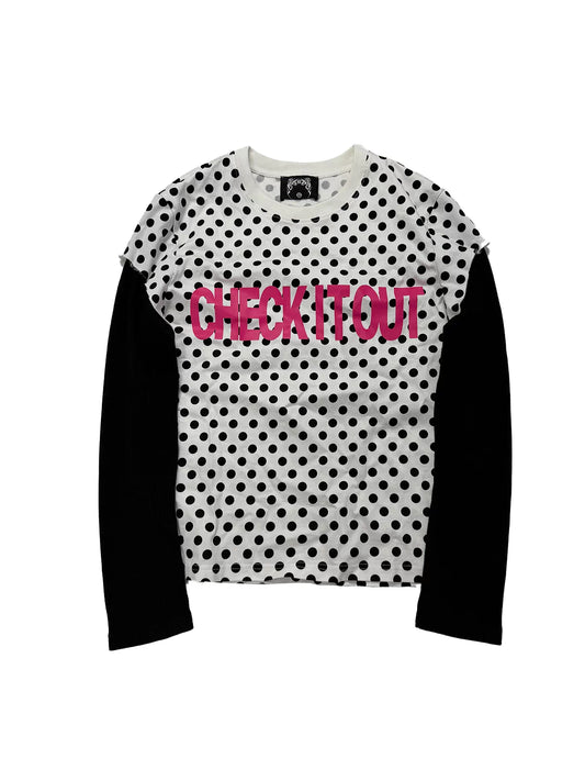 UCAN'TBELIKEME ドット柄 ピンクロゴ 切替長袖Tシャツ SELFISH