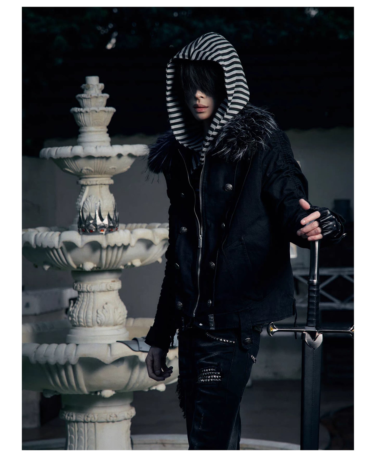 Striped Detachable Hood Double Breasted Fur Texture Jacket