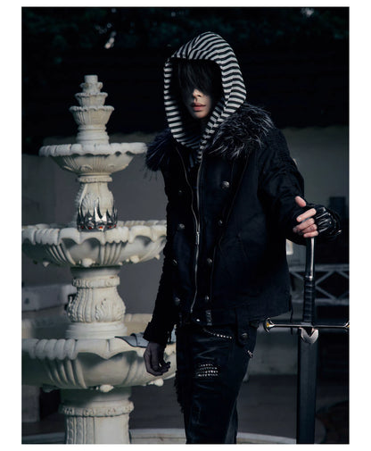 Striped Detachable Hood Double Breasted Fur Texture Jacket