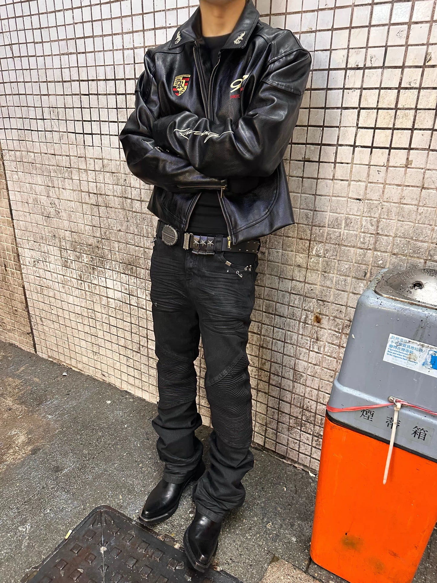 Wrinkled Hardware Straight-Leg Jeans