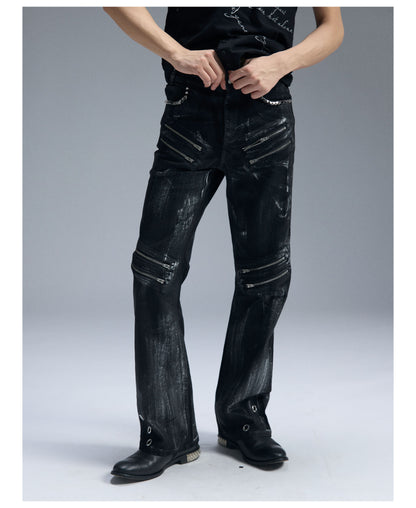 Multi Zip Eyelet Washed Black Flared Jeans