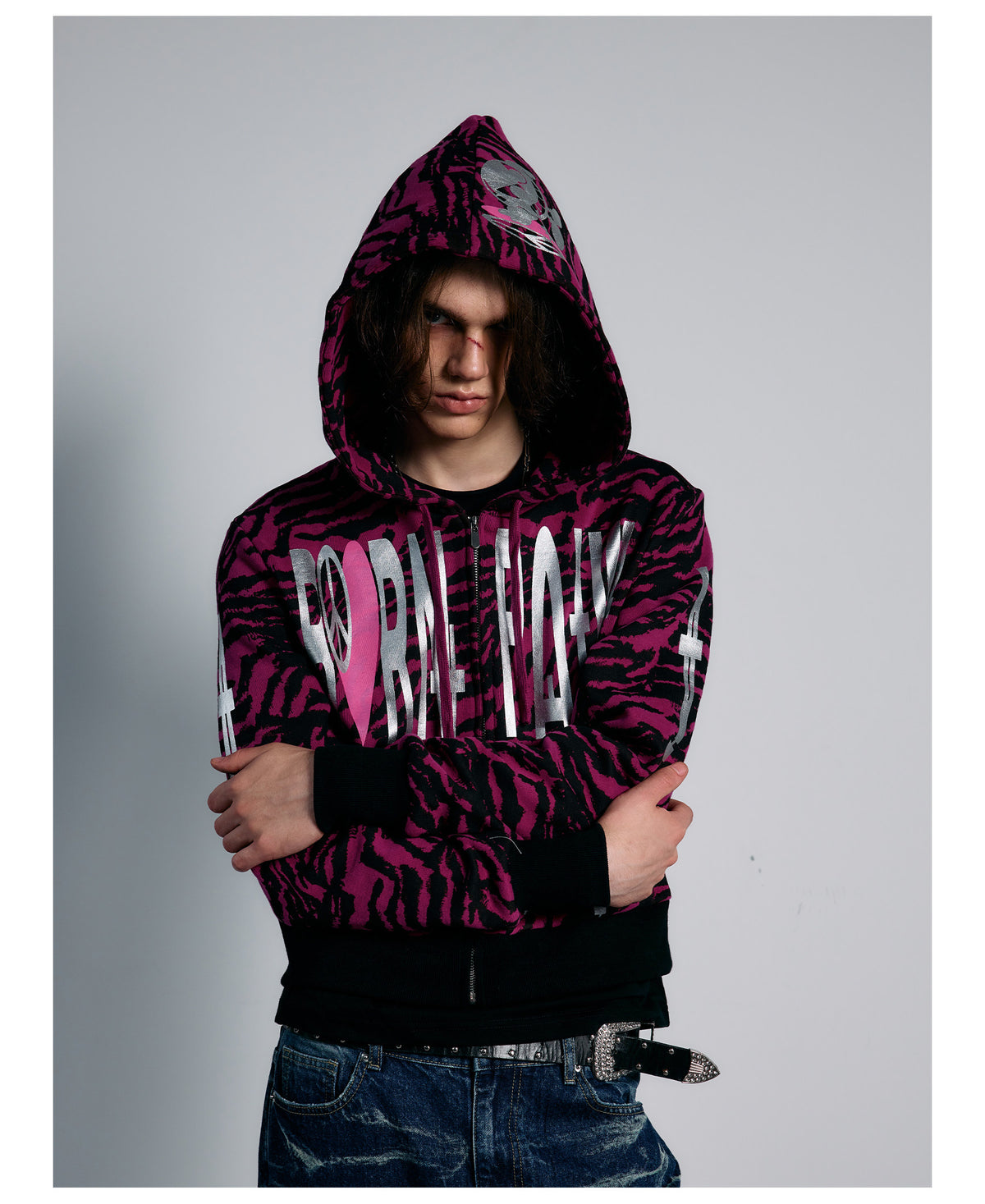 Pink Tiger Stripe Graphic Cropped Zip Hoodie