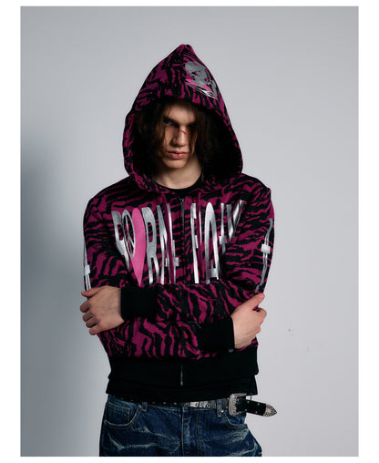 Pink Tiger Stripe Graphic Cropped Zip Hoodie