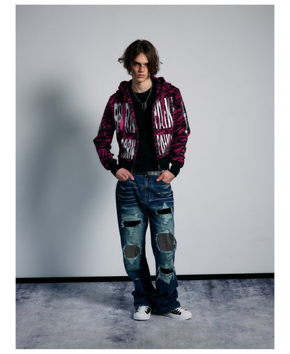 Pink Tiger Stripe Graphic Cropped Zip Hoodie
