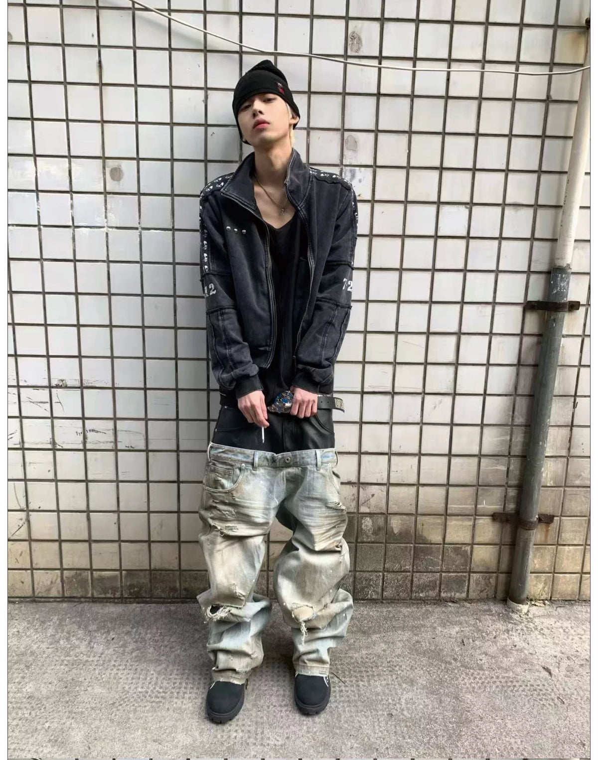 Double-Waist PU Panel Distressed Jeans