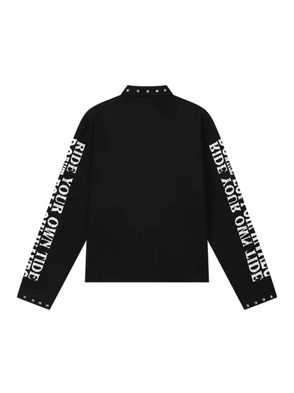 REBEL WAVE クロススタッズ グラフィック長袖ポロシャツ ブラック SELFISH