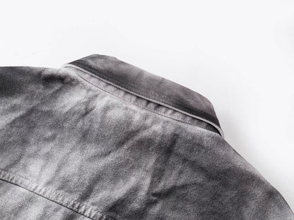 Washed Denim Contrast Faux Leather Sleeve Jacket