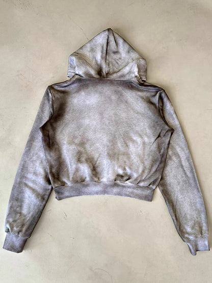 Washed Cross Embroidered Cropped Zip Hoodie
