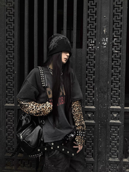 Leopard Layered Sleeve Washed Graphic T-Shirt