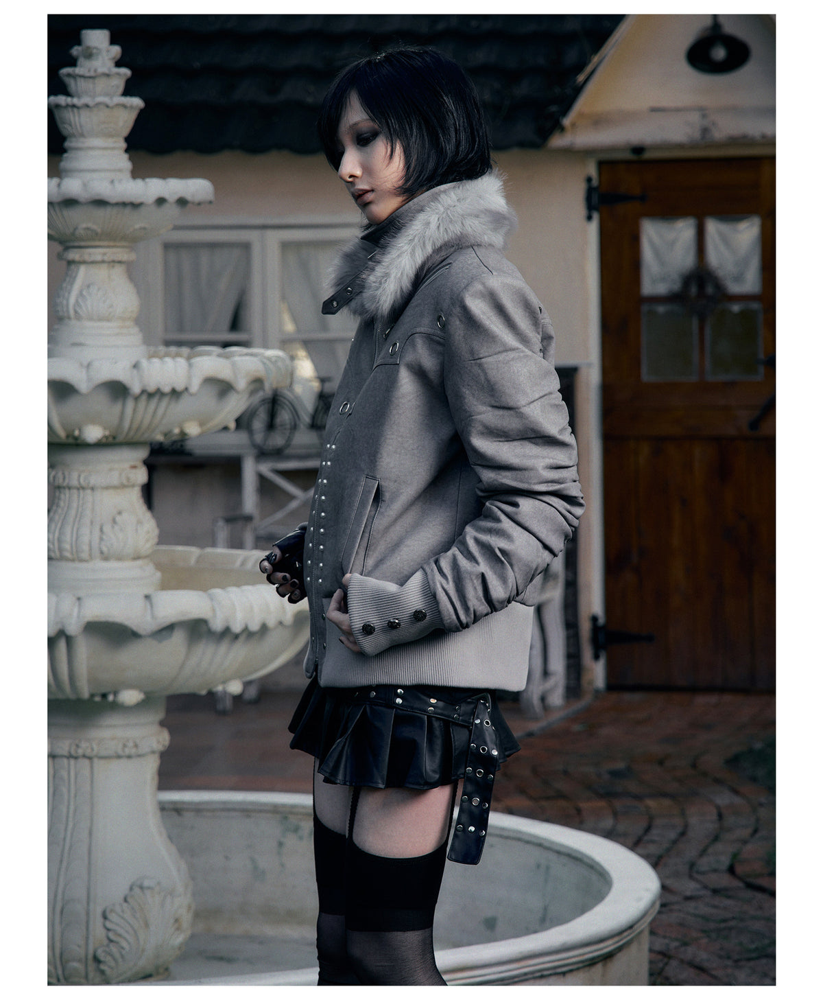Metallic Faux Leather Detachable Fur Trim Collar Jacket