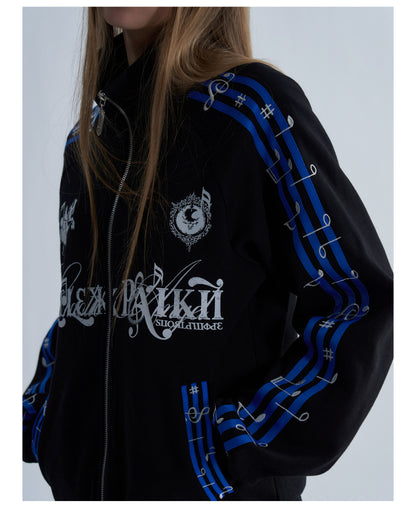 Blue Stripe Music Note Embroidered Zip Hoodie & Wide Pants