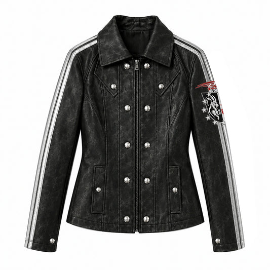 Embroidered Sleeve Stripe Snap Front Faux Leather Jacket