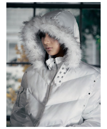 Glossy Fur Trim Hood Cropped Padded Jacket
