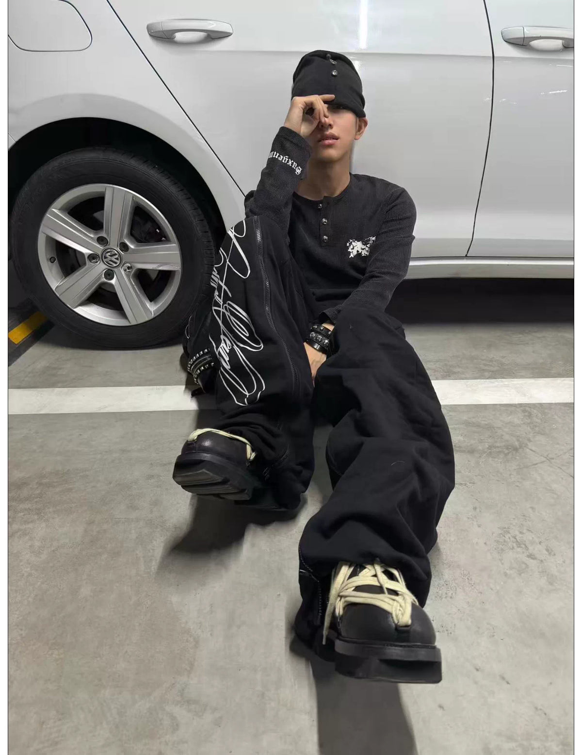 Wrinkled Graphic Flared Pants