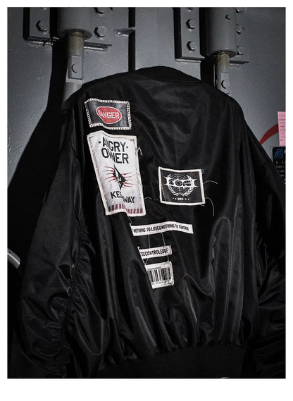 Warning Label Patch Oversized Padded Bomber Jacket
