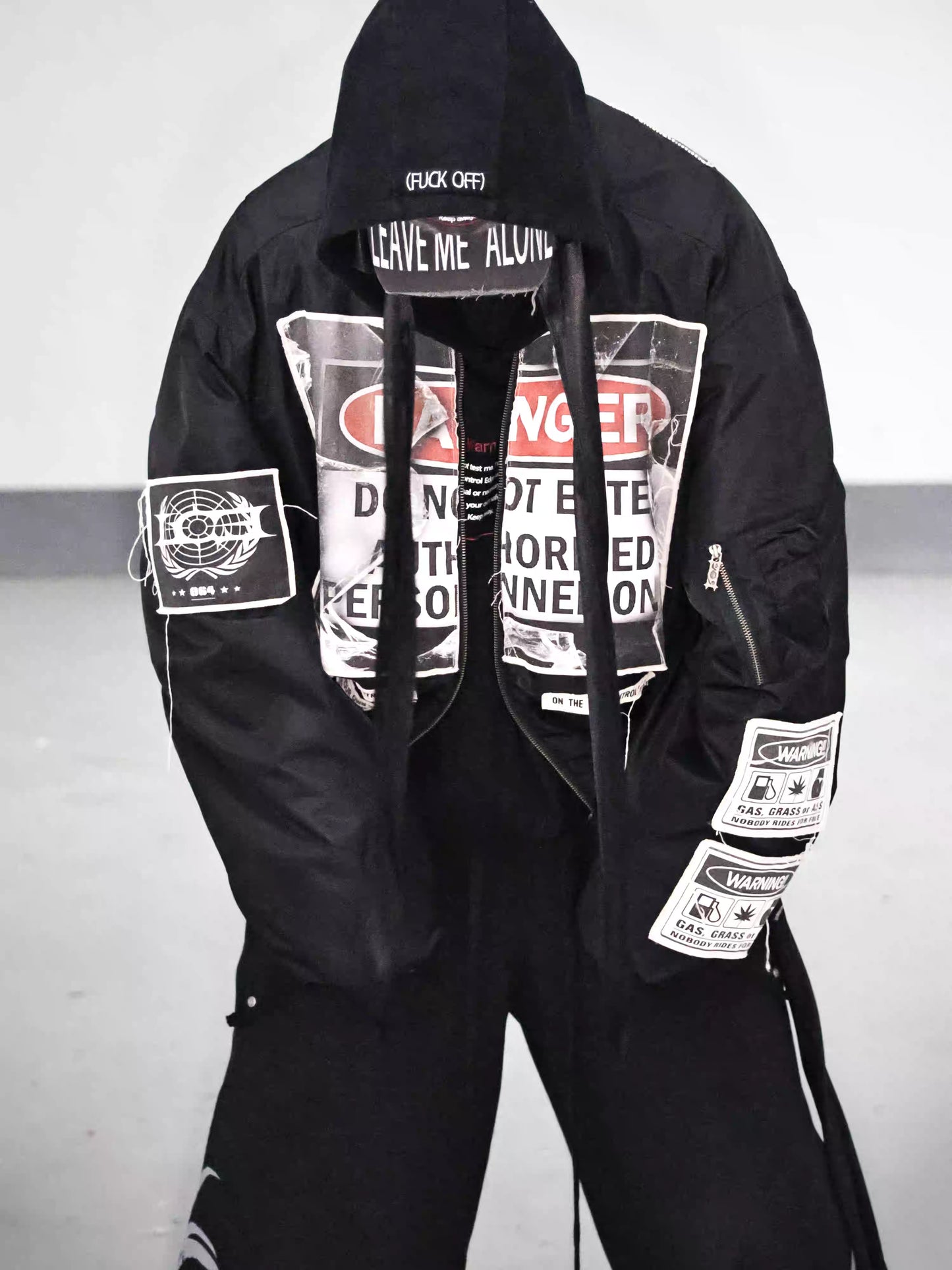 Warning Label Patch Oversized Padded Bomber Jacket