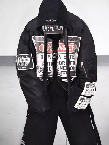 Warning Label Patch Oversized Padded Bomber Jacket