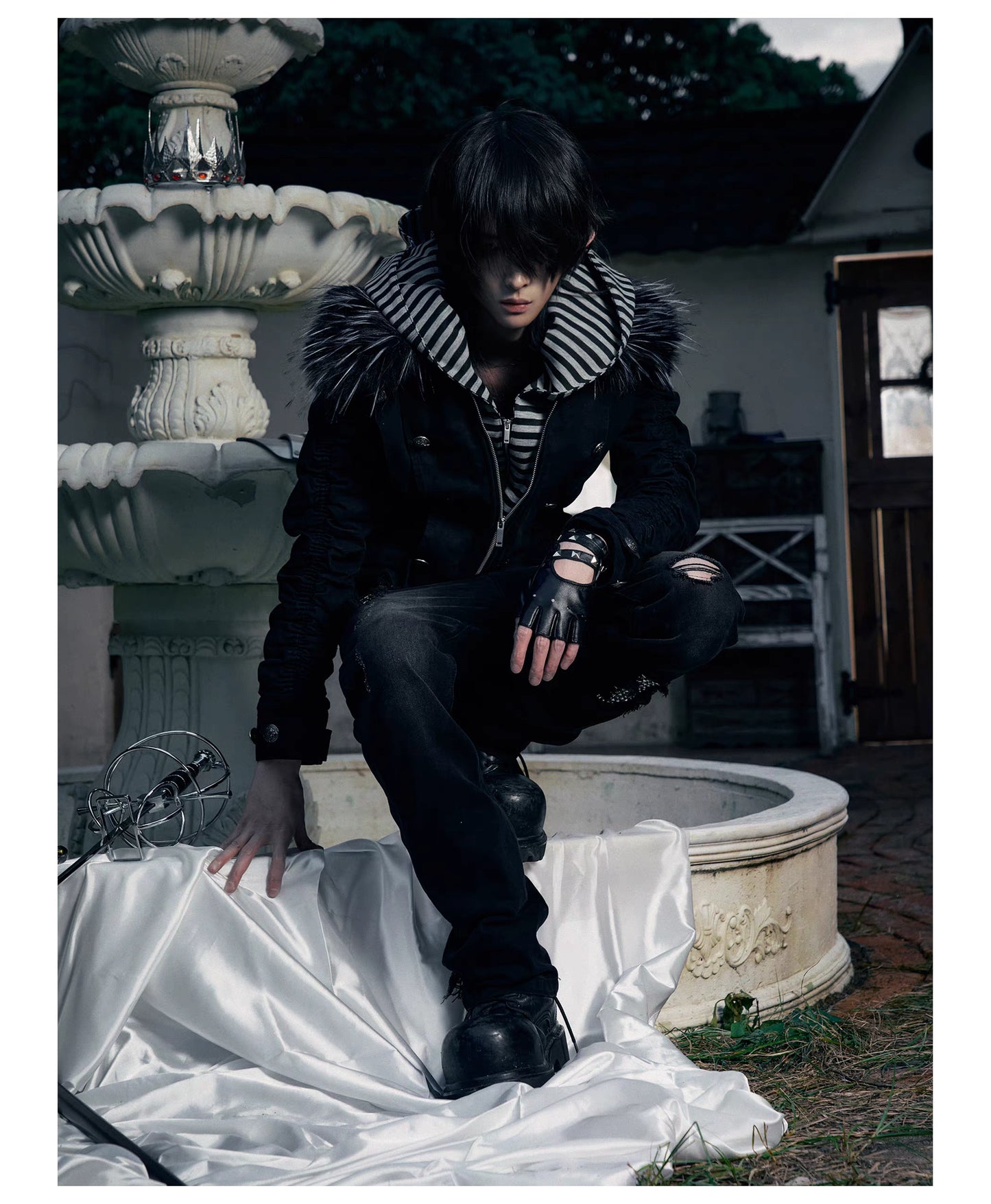 Striped Detachable Hood Double Breasted Fur Texture Jacket