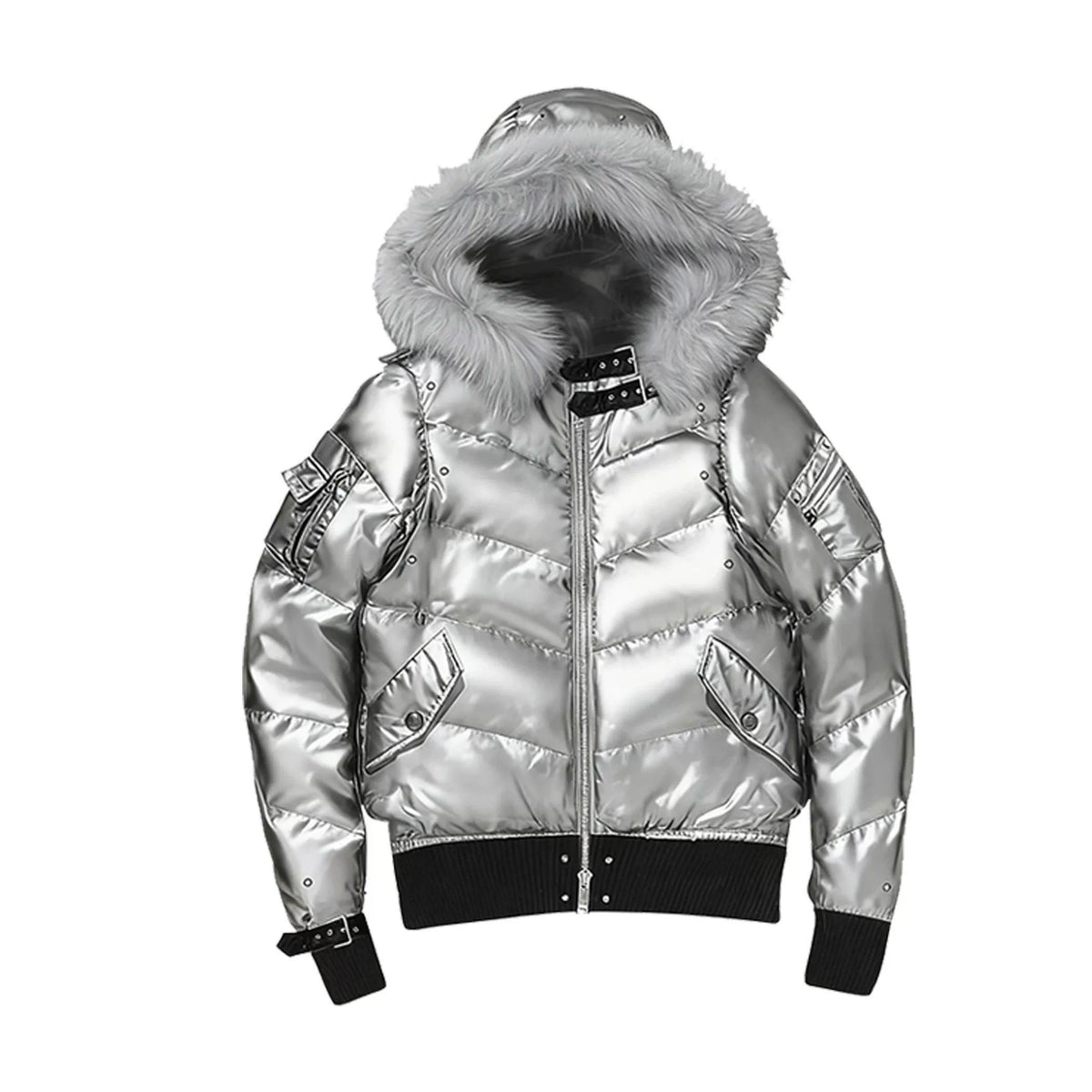 Glossy Fur Trim Hood Cropped Padded Jacket