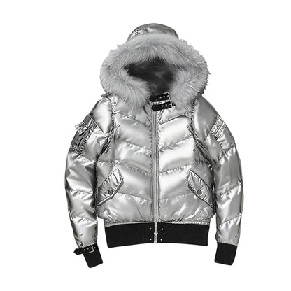 Glossy Fur Trim Hood Cropped Padded Jacket