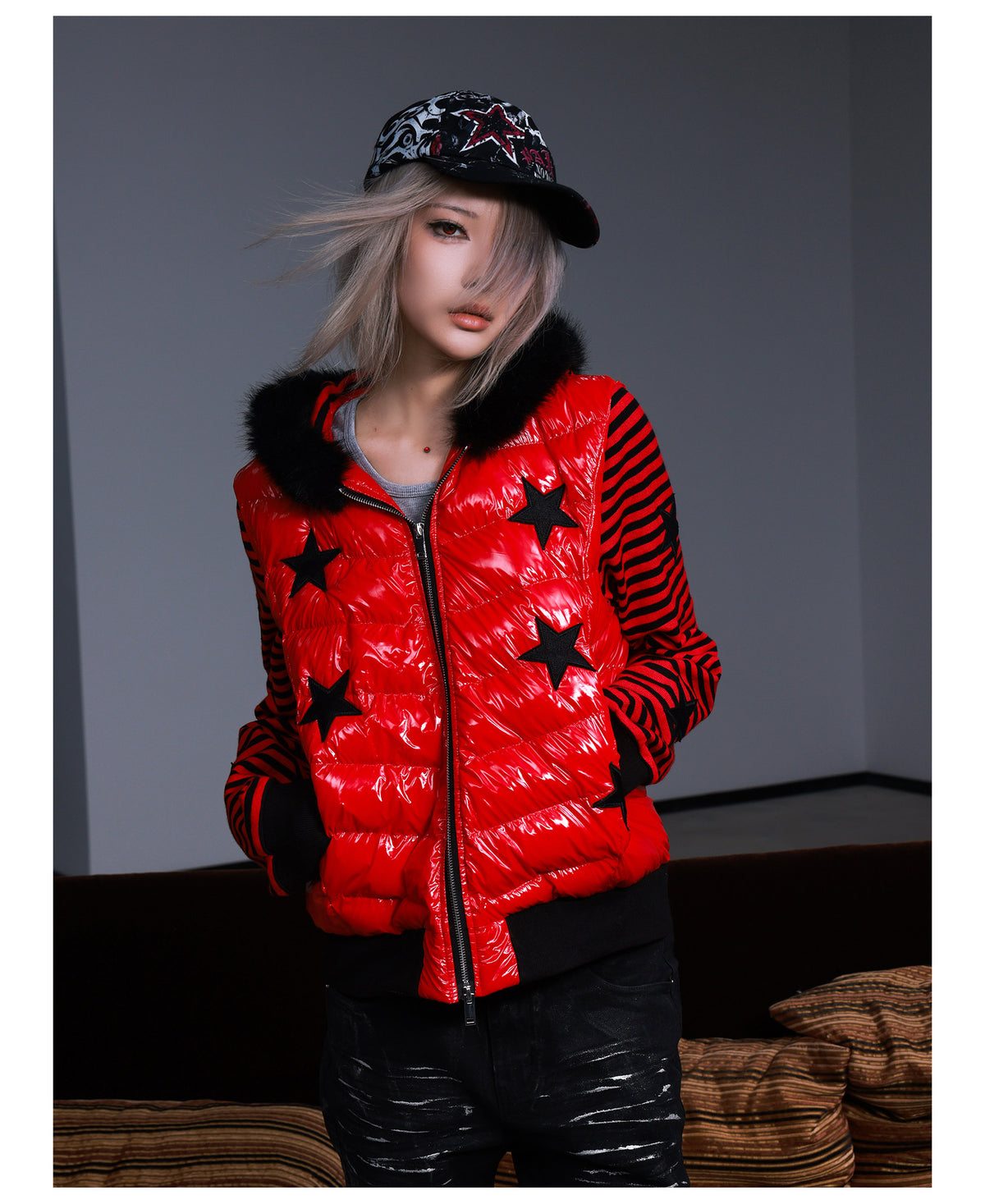 Star Embroidered Striped Fur Trim Hood Padded Jacket