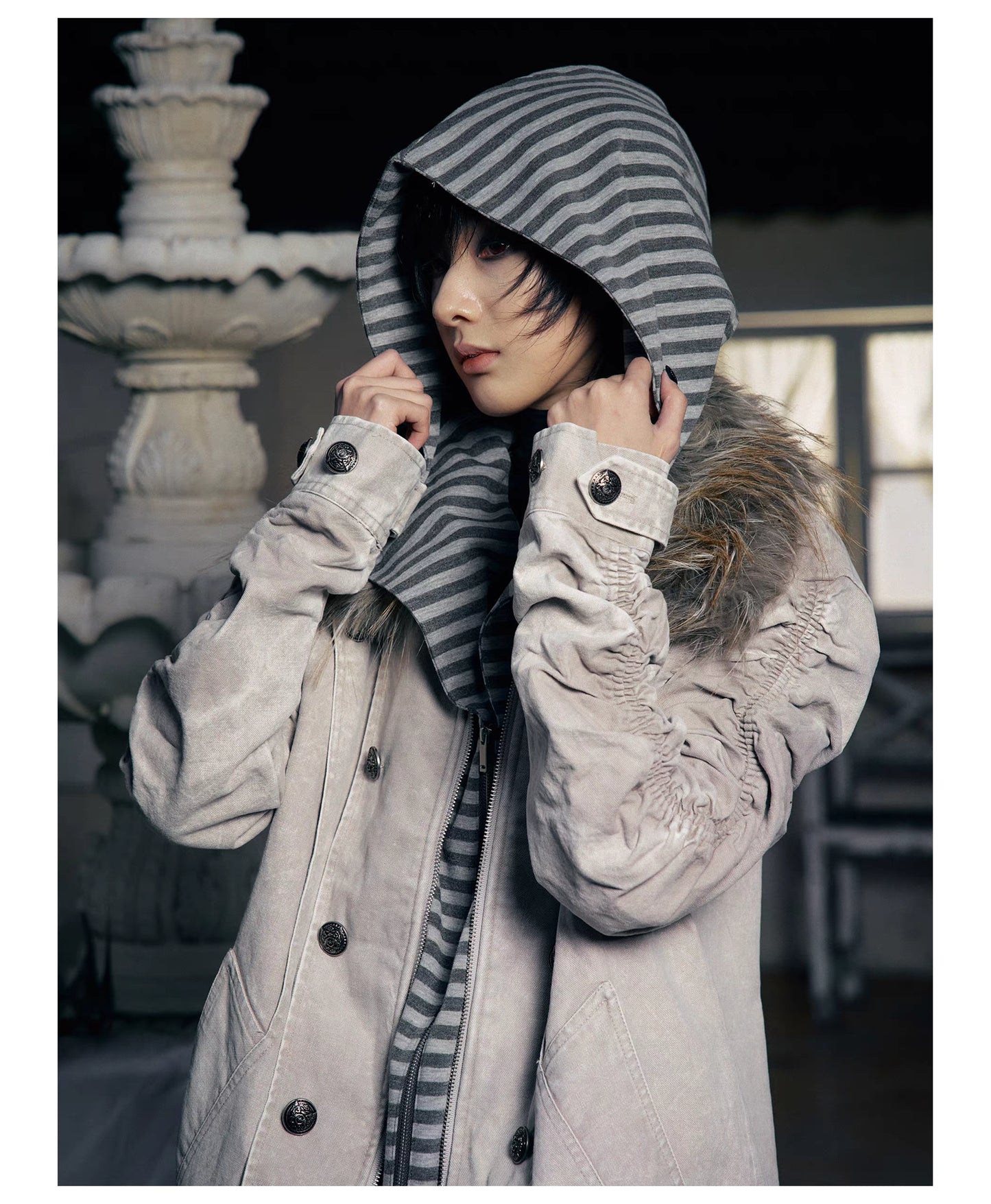 Striped Detachable Hood Double Breasted Fur Texture Jacket
