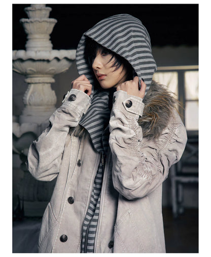 Striped Detachable Hood Double Breasted Fur Texture Jacket